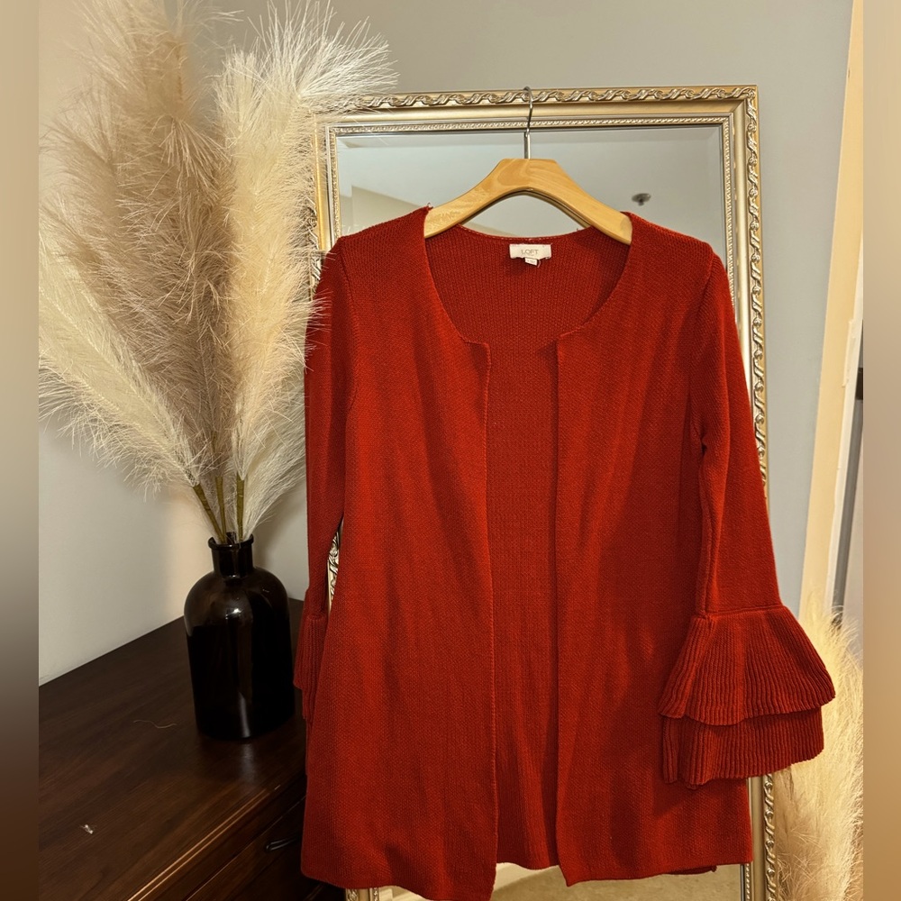 LOFT Burnt Orange [M] Open Front Cardigan w/ AMAZING Ruffle Sleeves - WORN ONCE